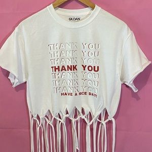 Thank you fringe crop shirt